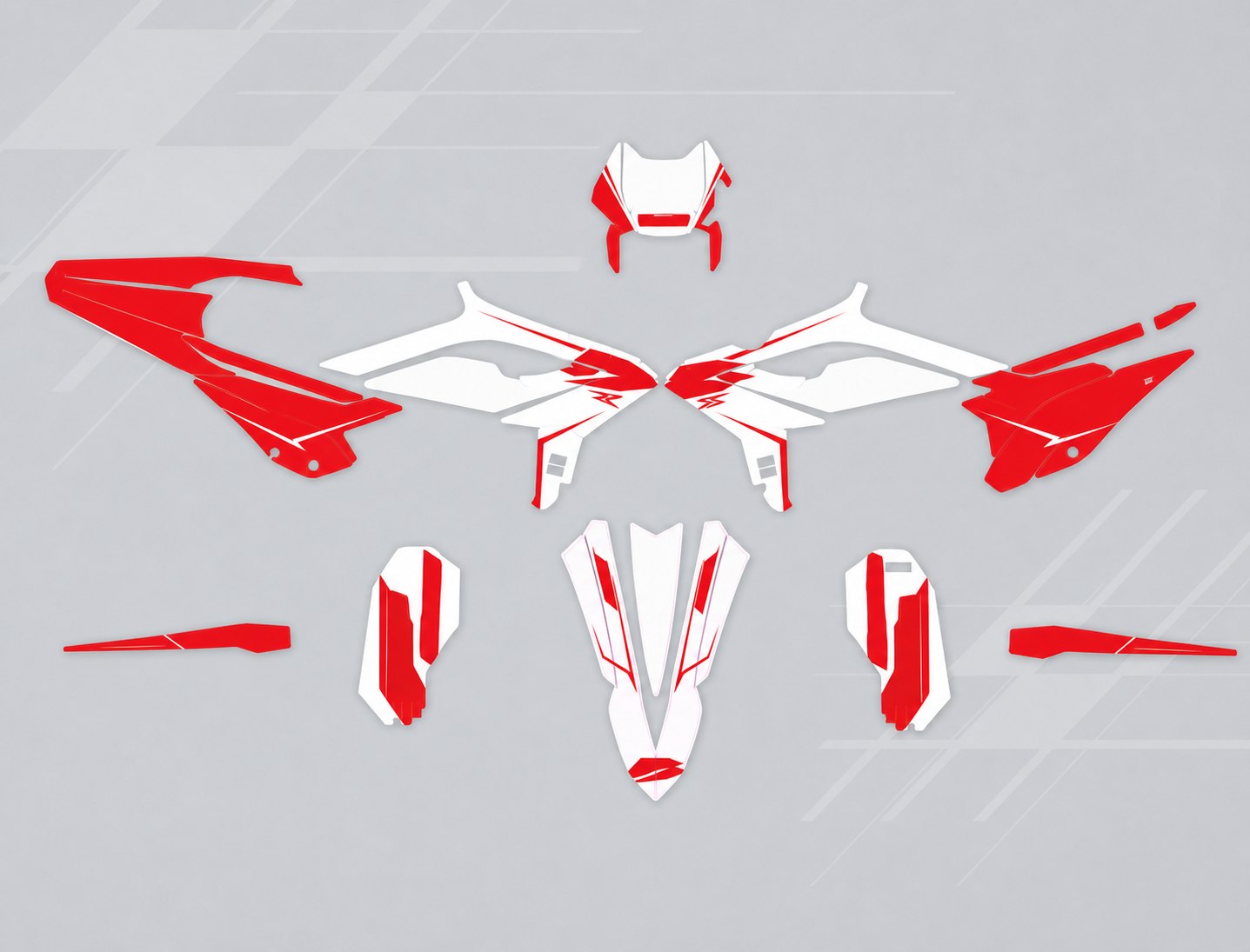 Generated red and white RR//88 graphics-kit flat-lay concept
