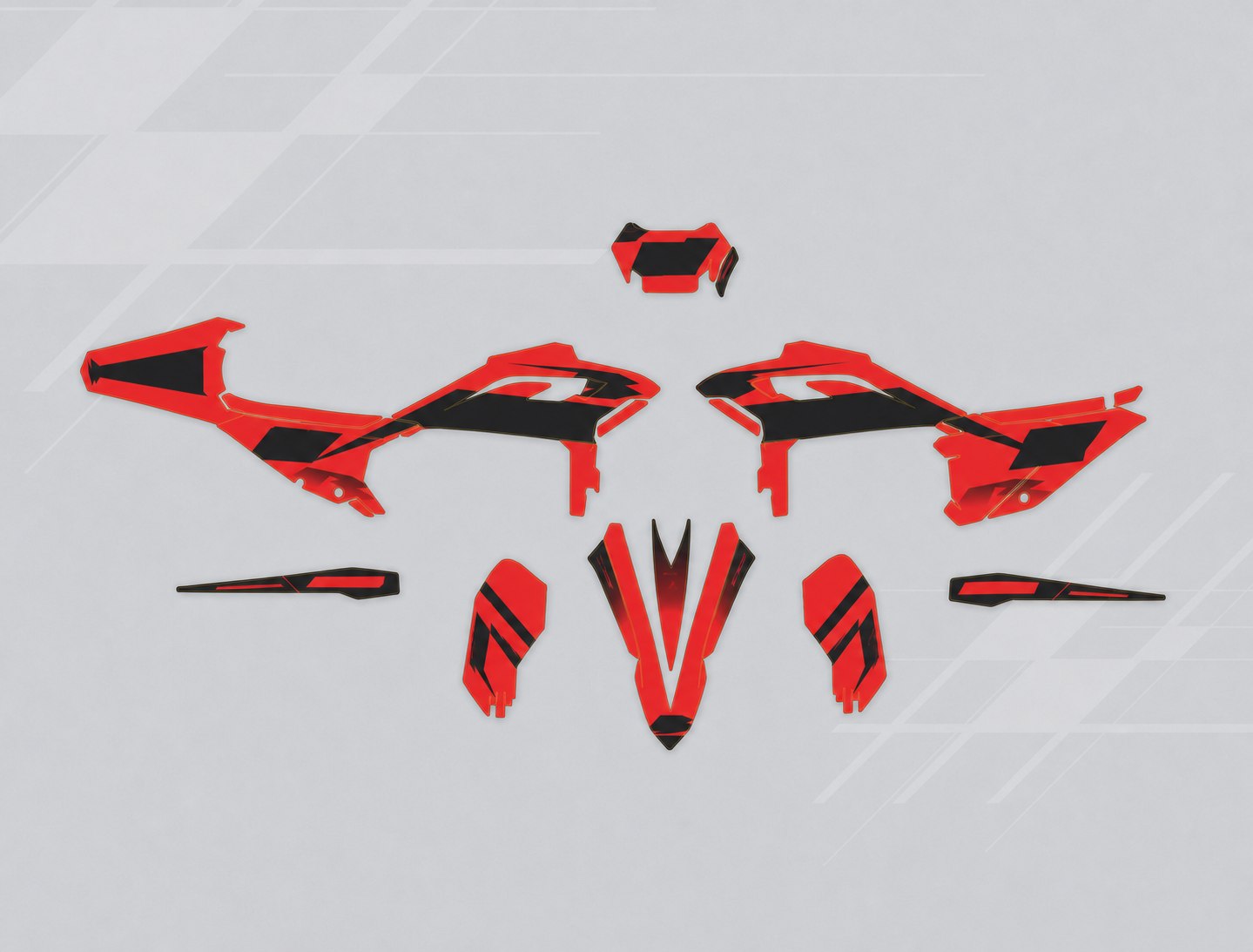 Generated red and black XPRO//67 graphics-kit flat-lay concept